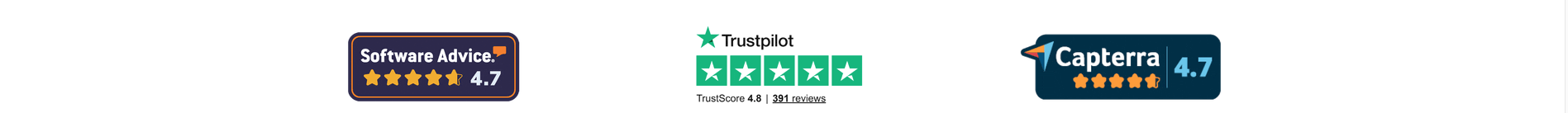 Software Advice 4.7, Trustpilot 4.8, and Capterra 4.7 review ratings